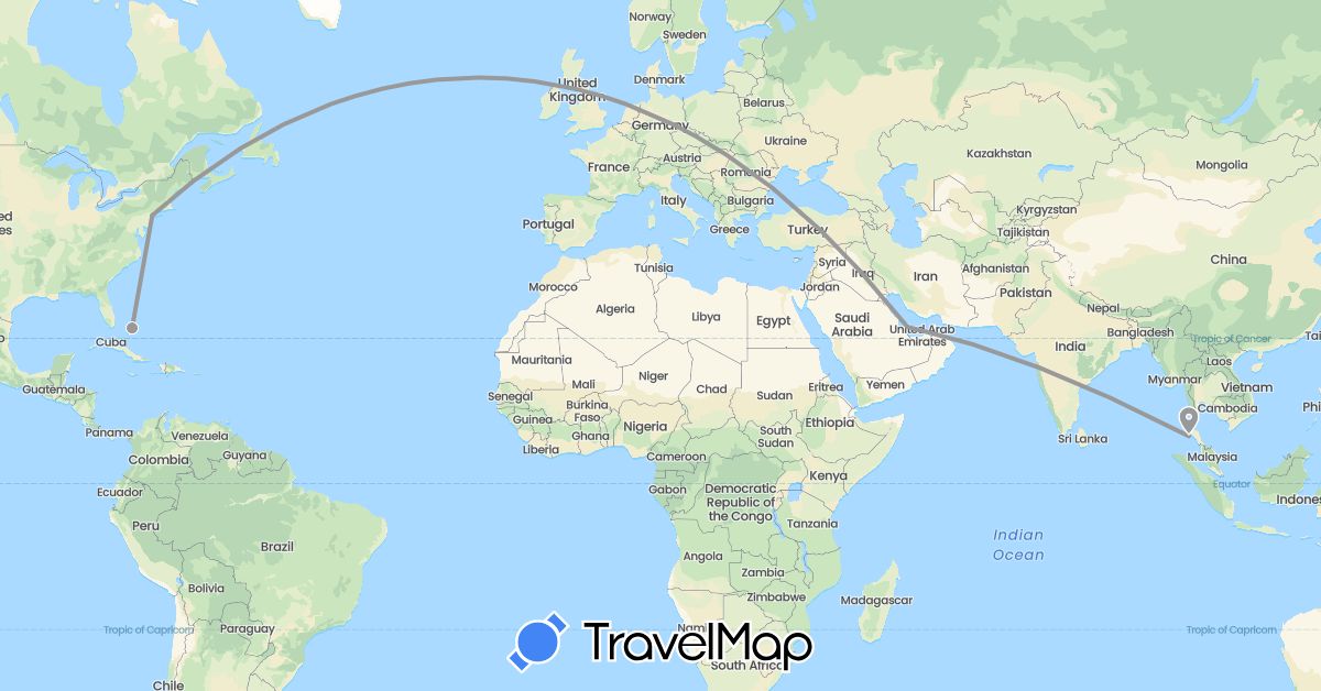 TravelMap itinerary: driving, plane in Bahamas, Qatar, Thailand, United States (Asia, North America)